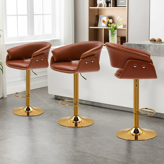 COOLHUT Modern Adjustable Bar Stools Set of 3, Faux Leather Upholstered Swivel Counter Stools with Curved Black, Counter Height Bar Stools with Large Base, 30 inch Upholstered Pub Chair, Wine Red