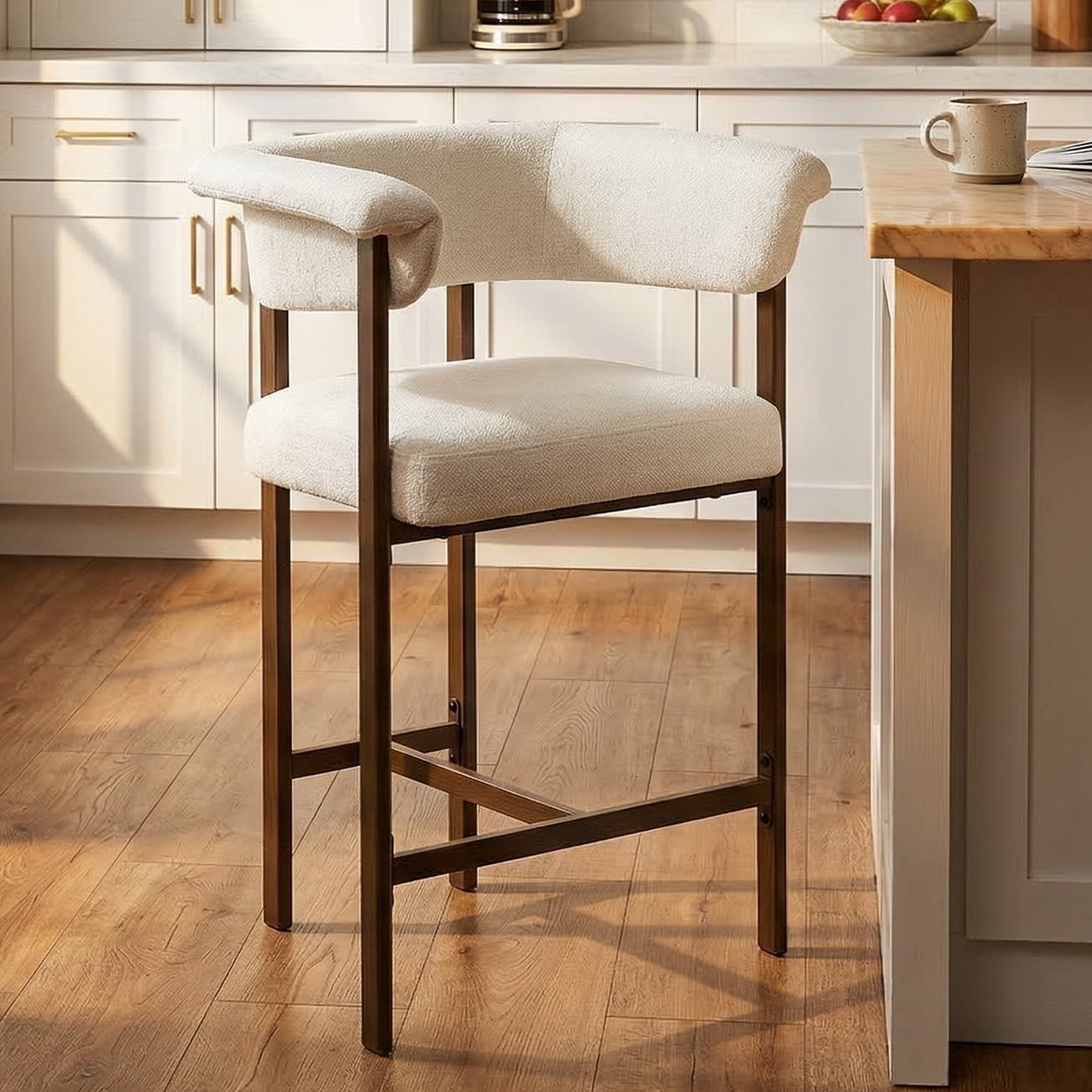 COOLHUT 26" Barrel Bar Stool, Counter Height Bar Stool with Linen Fabric, Upholstered Barstools for Kitchen Island or Home Bar, 1 Piece, Beige