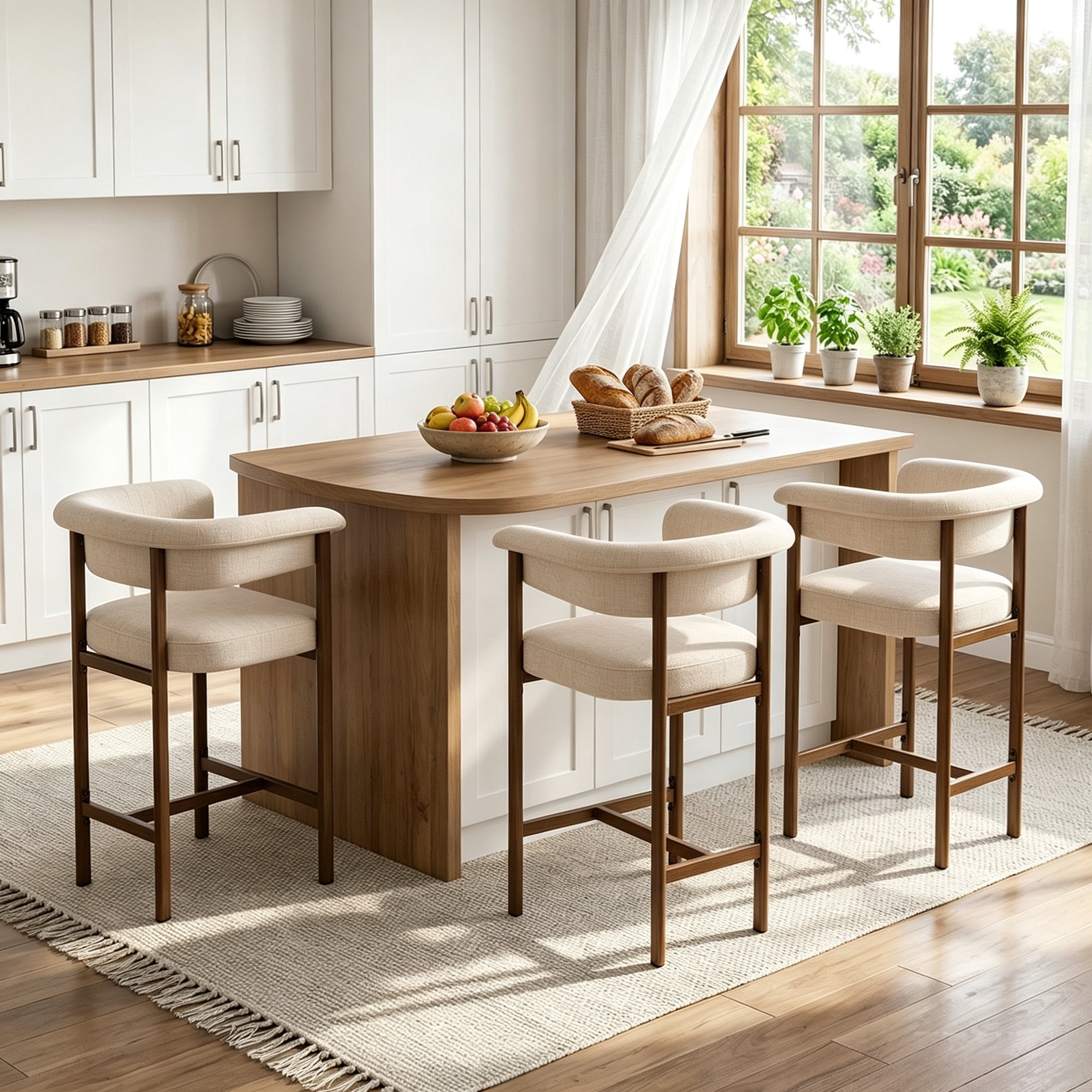 COOLHUT 26" Barrel Bar Stool Set of 3, Counter Height Bar Stool with Linen Fabric, Upholstered Barstools for Kitchen Island or Home Bar, Beige