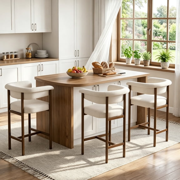 COOLHUT 26" Barrel Bar Stool Set of 3, Counter Height Bar Stool with Linen Fabric, Upholstered Barstools for Kitchen Island or Home Bar, White