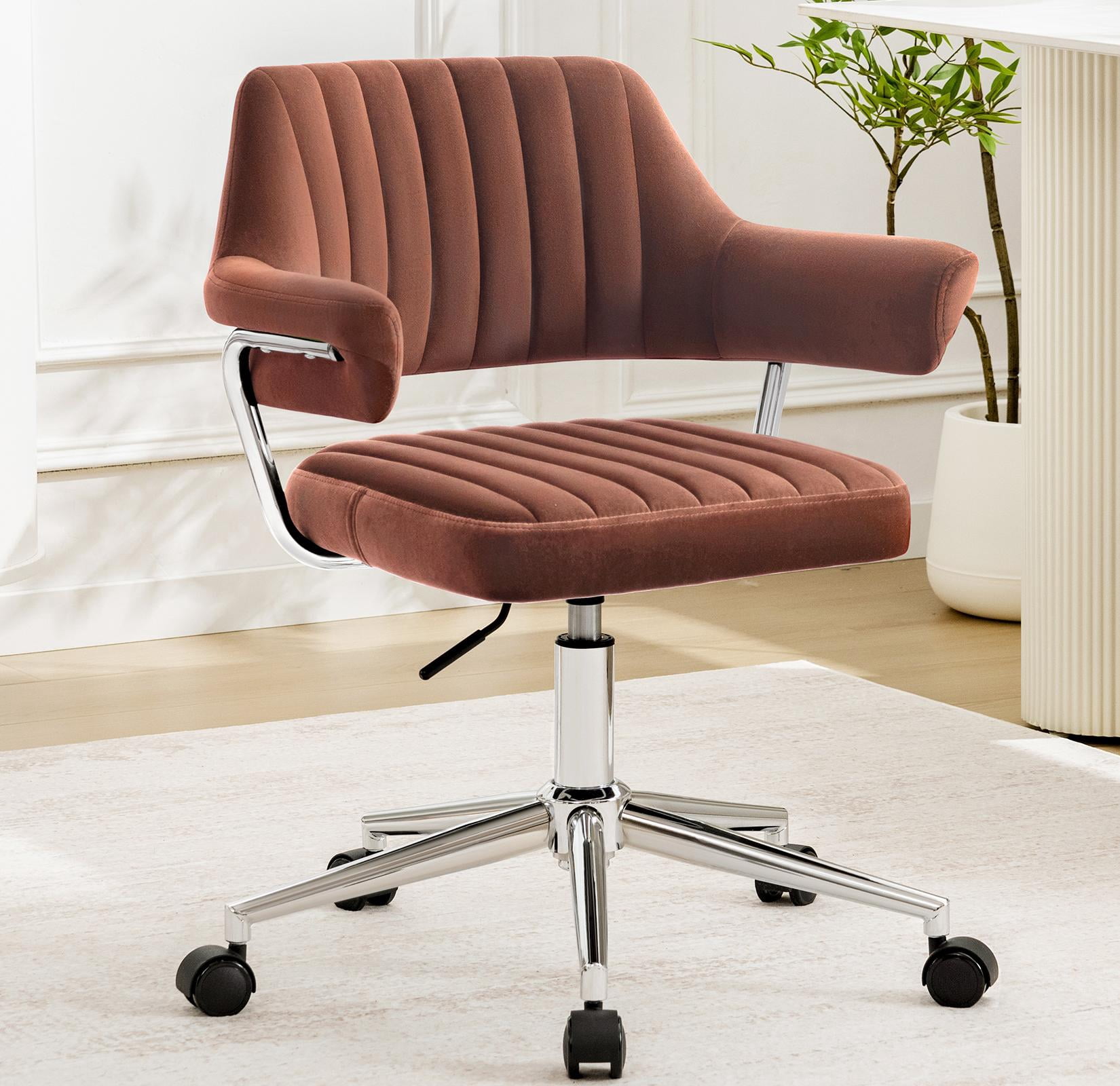 COOLHUT Modern Swivel Office Desk Chair, Velvet Leather Chair with Back and Wheels, Height Adjustable Comfy Home Office Chair, Simple Assembly For Living Room, Bed Room, Rust Red
