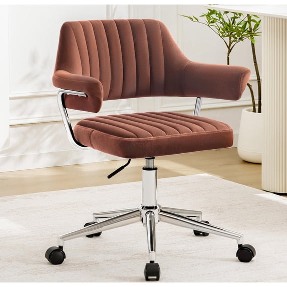 COOLHUT Modern Swivel Office Desk Chair, Velvet Leather Chair with Back and Wheels, Height Adjustable Comfy Home Office Chair, Simple Assembly For Living Room, Bed Room, Rust Red