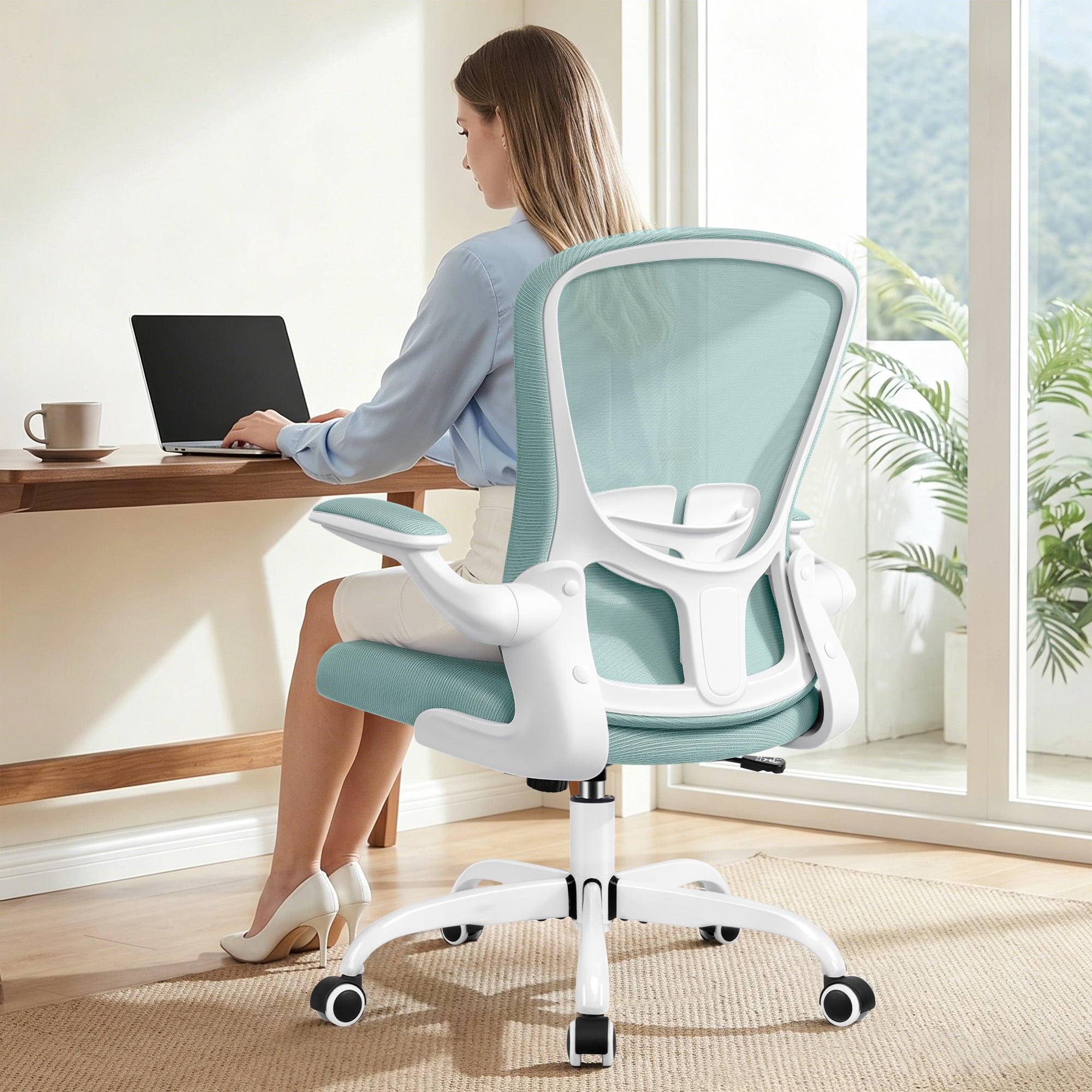 COOLHUT Office Chair, Ergonomic Desk Chair with Adjustable Lumbar Support, High Back Mesh Computer Chair with Flip-up Armrests-BIFMA Passed Task Chairs, Executive Chair for Home Office，Light Blue