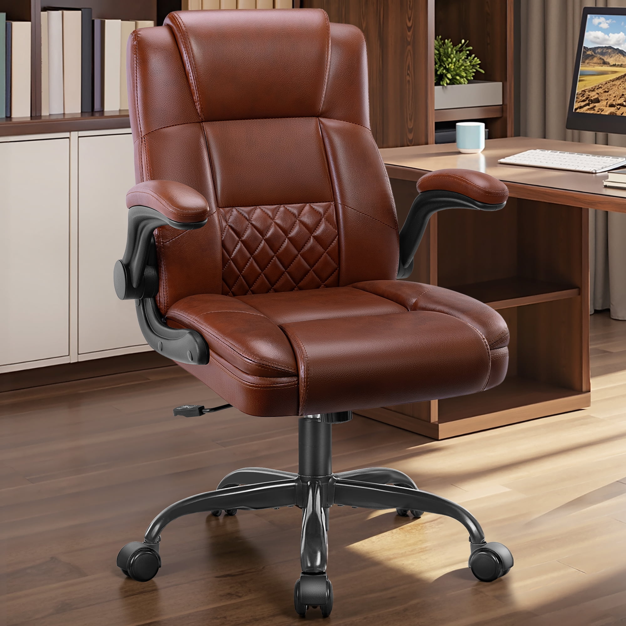 COOLHUT Office Chair, Executive Leather Chair Home Office Desk Chairs, Computer Chair with Adjustable Arms, Lumbar Support Swivel Desk Chair with Adjustable Hight and Tilt, Double Brown