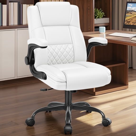 COOLHUT Office Chair, Executive Leather Chair Home Office Desk Chairs, Computer Chair with Adjustable Flip-up Padded Arms, Lumbar Support Swivel Desk Chair with Adjustable Hight and Tilt, White