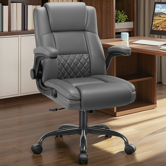 COOLHUT Office Chair, Executive Leather Chair Home Office Desk Chairs, Computer Chair with Adjustable Flip-up Padded Arms, Lumbar Support Swivel Desk Chair with Adjustable Hight and Tilt, Dark Gray