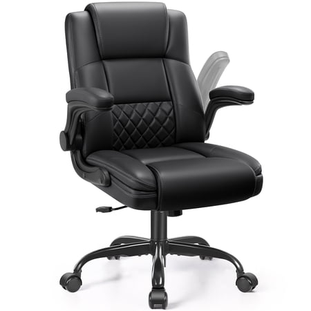 COOLHUT Office Chair, Executive Leather Chair Home Office Desk Chairs, Computer Chair with Adjustable Flip-up Padded Arms, Lumbar Support Swivel Desk Chair with Adjustable Hight and Tilt, Black