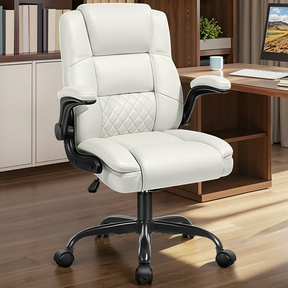 COOLHUT Office Chair, Executive Leather Chair Home Office Desk Chairs, Computer Chair with Adjustable Flip-up Padded Arms, Lumbar Support Swivel Desk Chair with Adjustable Hight and Tilt, White