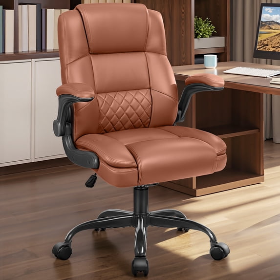COOLHUT Office Chair, Executive Leather Chair Home Office Desk Chairs, Computer Chair with Adjustable Flip-up Padded Arms, Lumbar Support Swivel Desk Chair with Adjustable Hight and Tilt, Brown
