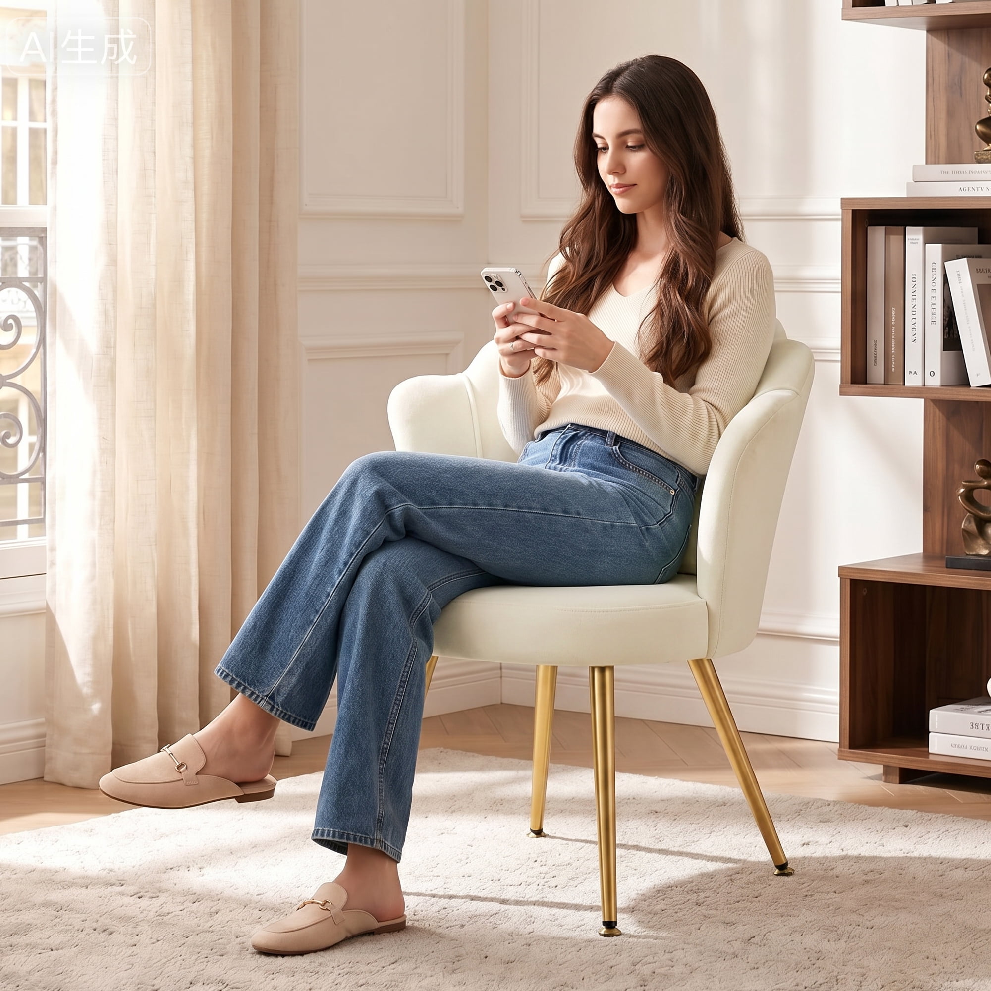 COOLHUT Petal Velvet Vanity Chair, Flower Cute Girls Mack Up Vanity Stool Chair with Lumber Pillow and Adustable Gold Legs, Upholstered Small Desk Chair for Living Room Bedroom Home Office, Beige