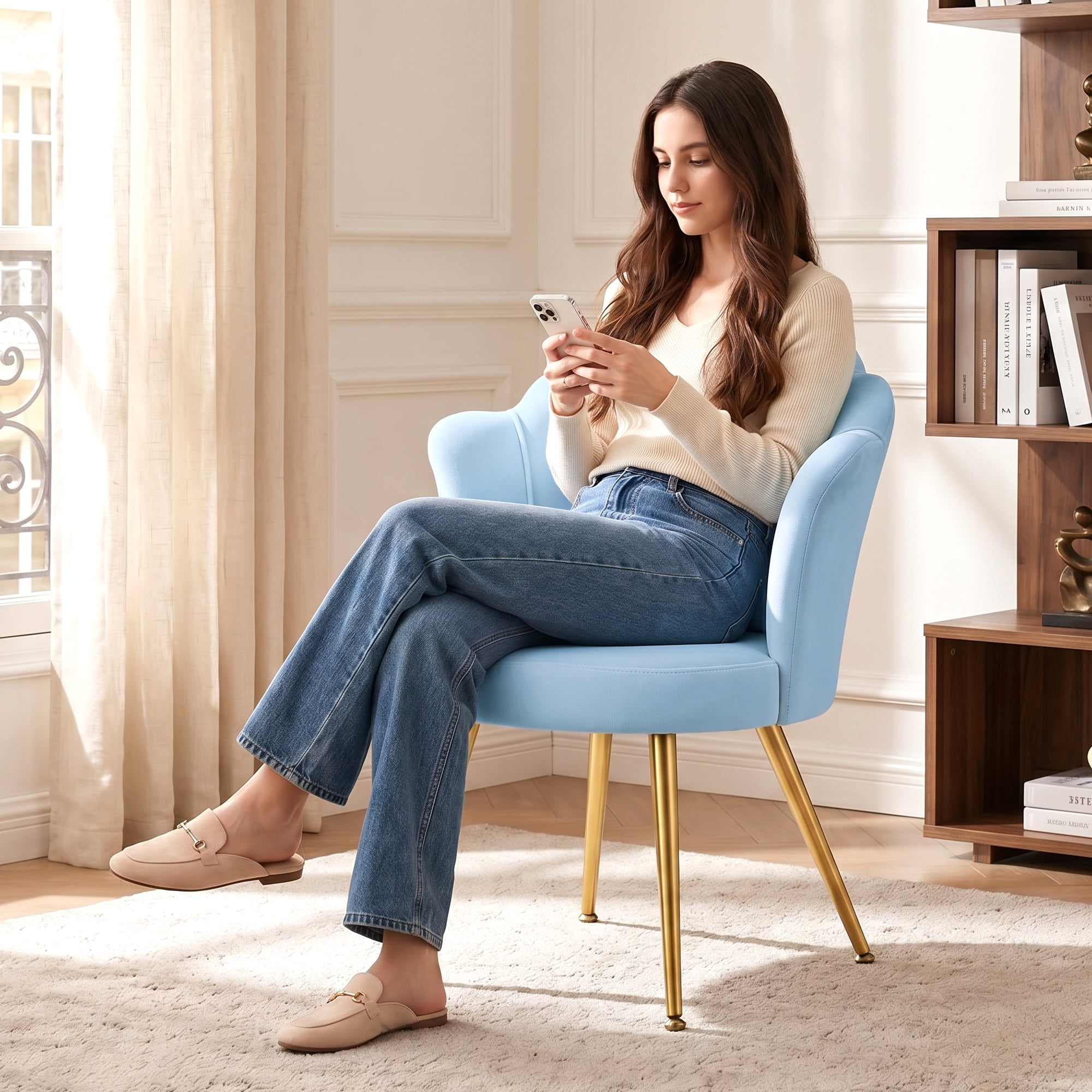 COOLHUT Petal Velvet Vanity Chair, Flower Cute Girls Mack Up Vanity Stool Chair with Lumber Pillow and Adustable Gold Legs, Upholstered Small Desk Chair for Living Room Bedroom Home Office, Blue