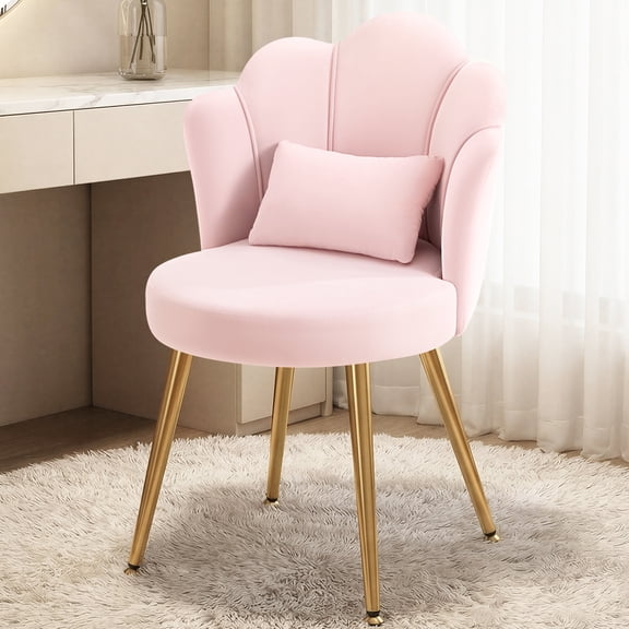 COOLHUT Petal Velvet Vanity Chair, Flower Cute Girls Mack Up Vanity Stool Chair with Lumber Pillow and Adustable Gold Legs, Upholstered Small Desk Chair for Living Room Bedroom Home Office, Pink