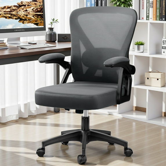 COOLHUT Office Desk Chair, Ergonomic Mesh Rolling Work Swivel Task Chairs with Wheels, Comfortable Lumbar Support, Comfy Flip-up Arms for Home, Bedroom, Study, Student, 8-Years Warranty, Dark Gray
