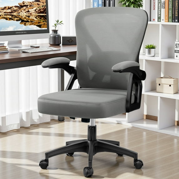 COOLHUT Office Desk Chair, Ergonomic Mesh Rolling Work Swivel Task Chairs with Wheels, Comfortable Lumbar Support, Comfy Flip-up Arms for Home, Bedroom, Study, Student, 8-Years Warranty, Light Gray