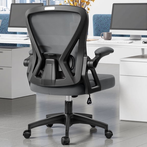 COOLHUT Office Computer Desk Chair, Ergonomic Mesh Rolling Work Swivel Task Chairs with Wheels, Comfortable Lumbar Support, Comfy Flip-up Arms for Home, Bedroom, Study, Student, 300lbs, Light Gray