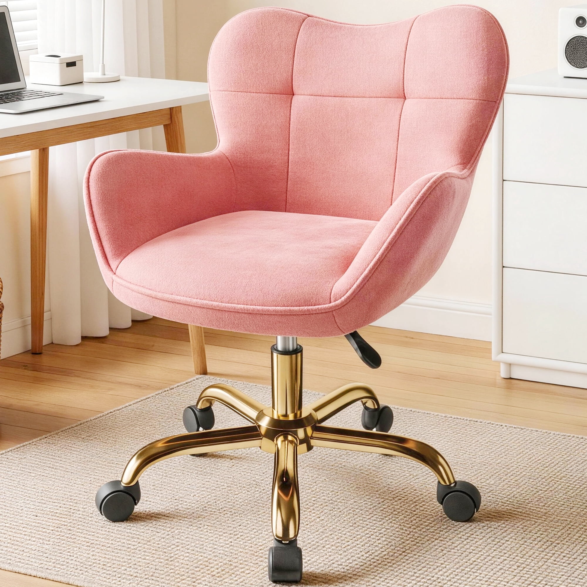 COOHUT Velvet Vanity Chair, Mackup Chair with Wheels, Comfy Swivel Modern Leisure Armchair for Girls Women, Small Office Chair Height Adjustable for Living Room, Bedroom, Offic, Pink