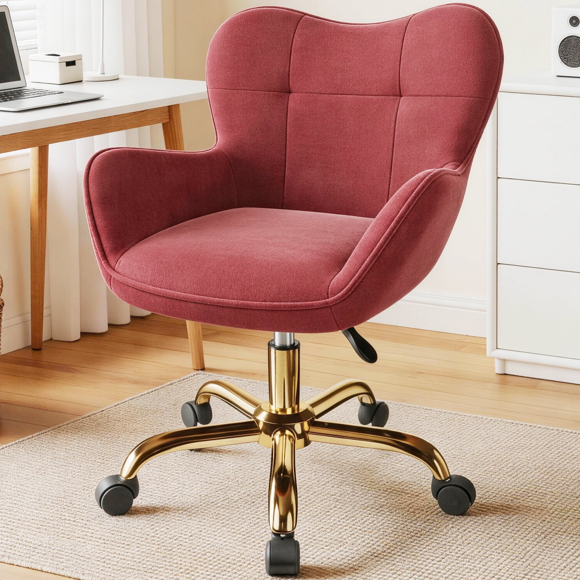 COOHUT Velvet Vanity Chair, Mackup Chair with Wheels, Comfy Swivel Modern Leisure Armchair for Girls Women, Small Office Chair Height Adjustable for Living Room, Bedroom, Offic, Rose Red