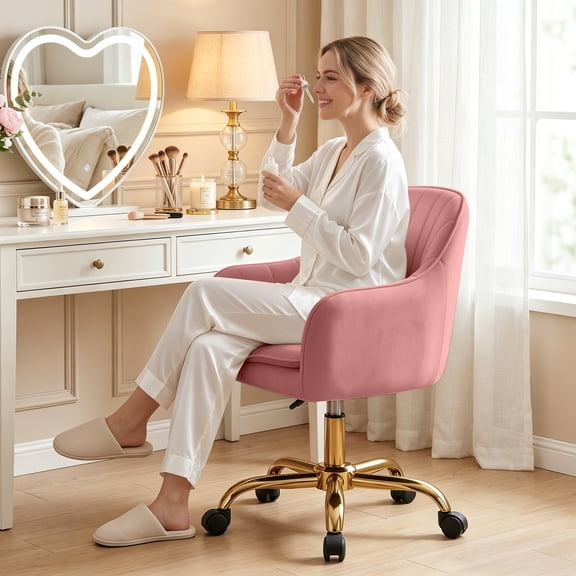 COOLHUT Office Desk Chair with Padded, Velvet Vanity Chair with Back and Wheels, Comfy Vanity Stool Chiar with Gold Legs, Swivel Vanity Chair for Vanity Room, Makeup Room, Bedroom, Dusty Rose