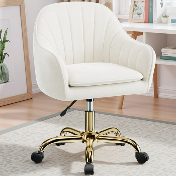 COOLHUT Office Desk Chair with Padded, Velvet Vanity Chair with Back and Wheels, Comfy Home Office Chiar with Gold Legs, Height Adjustable, Rolling Chair for Vanity Room, Makeup Room, Bedroom, Beige