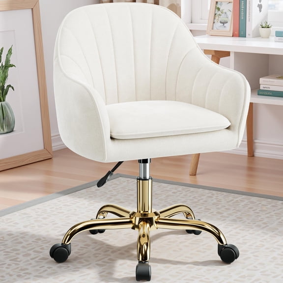 COOLHUT Office Desk Chair with Padded, Velvet Vanity Chair with Back and Wheels, Comfy Home Office Chiar with Gold Legs, Height Adjustable, Rolling Chair for Vanity Room, Makeup Room, Bedroom, Beige