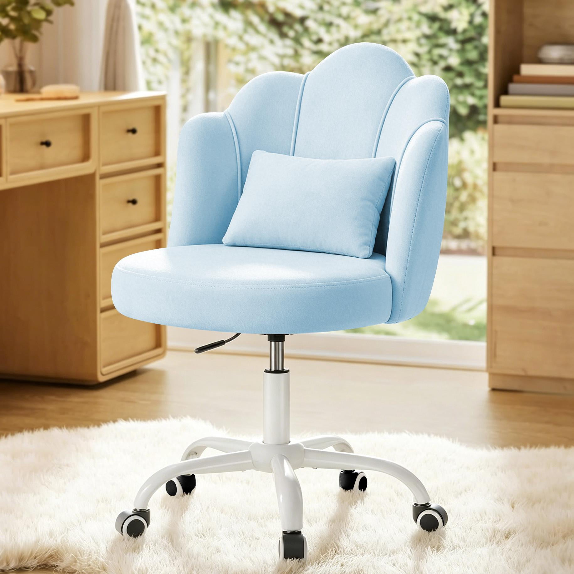 COOLHUT Vanity Chair, Velvet Petal Vanity Makeup Chair with Lumber Support, Home Office Desk Chair with Wheels, Height Adjustable Computer Work Chair for Bedroom, Living Room, Blue