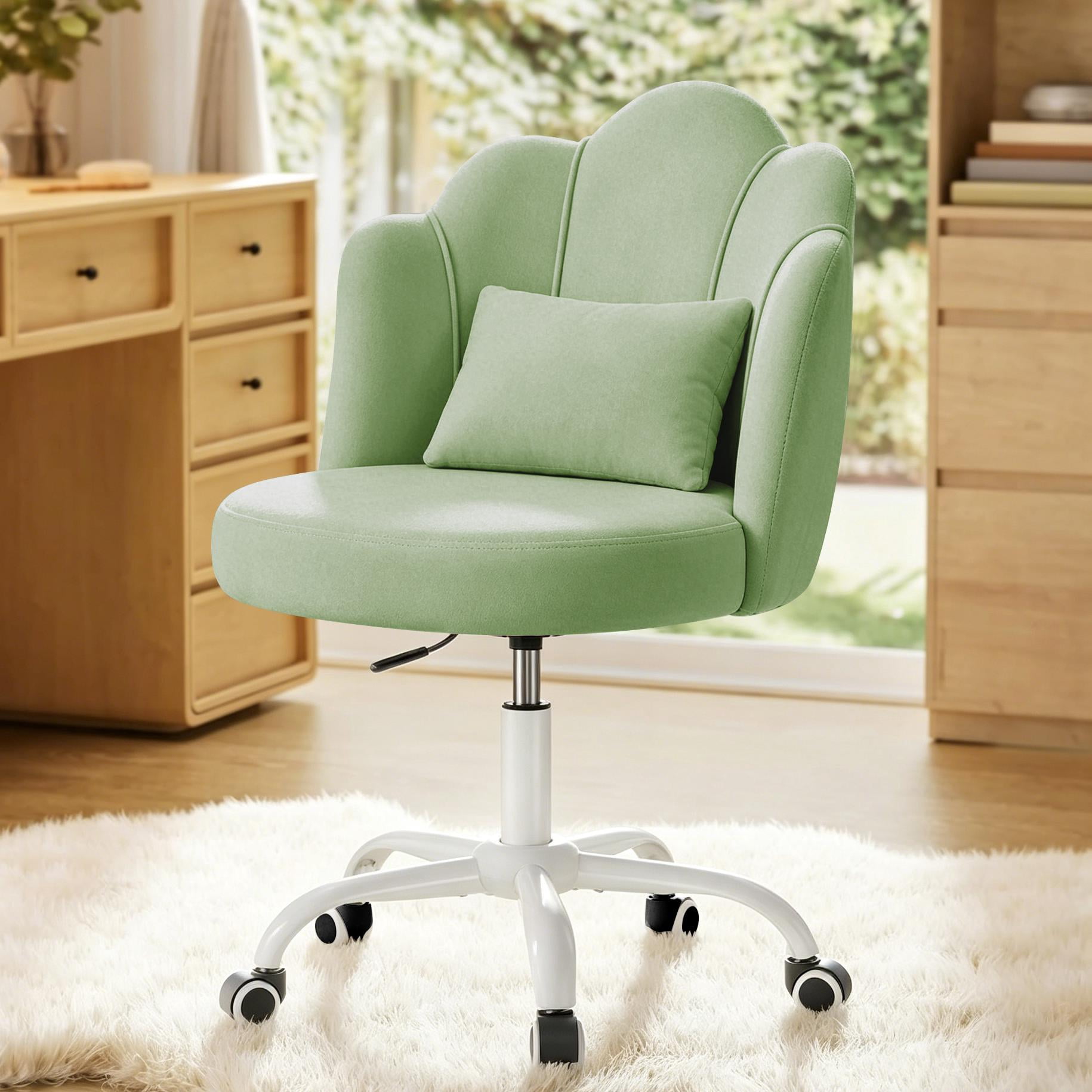 COOLHUT Vanity Chair, Velvet Petal Vanity Makeup Chair with Lumber Support, Home Office Desk Chair with Wheels, Height Adjustable Computer Work Chair for Bedroom, Living Room, Green