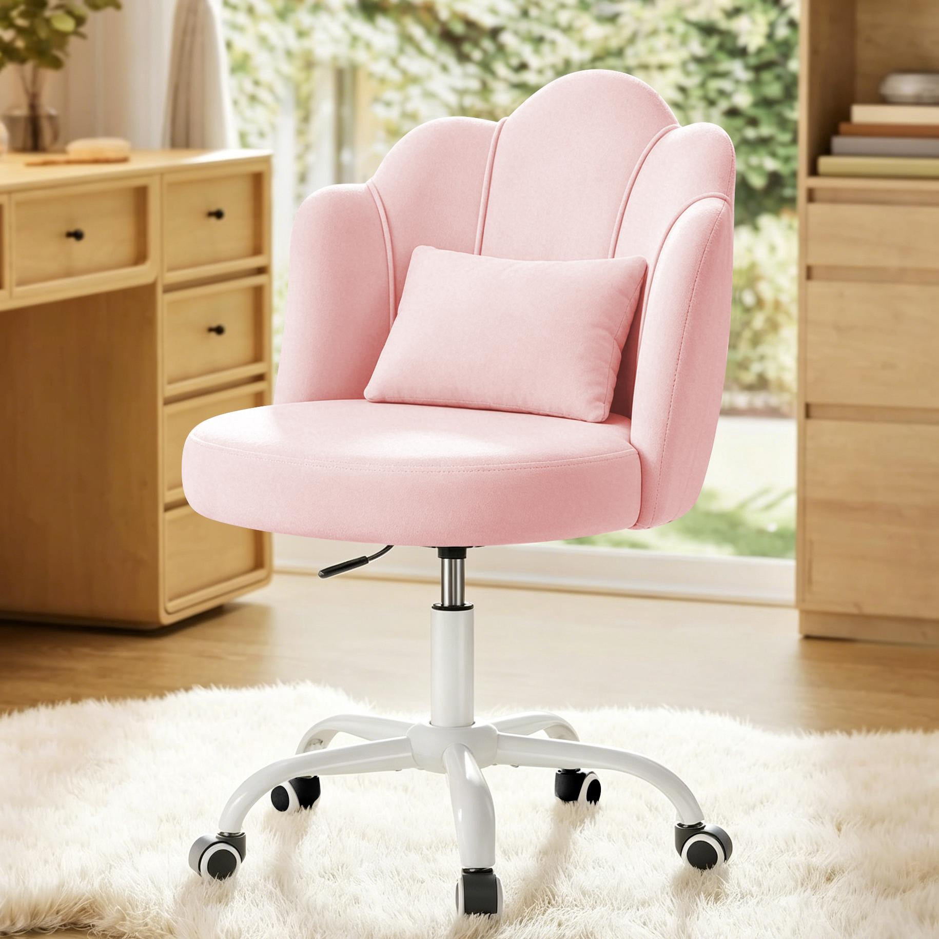 COOLHUT Vanity Chair, Velvet Petal Vanity Makeup Chair with Lumber Support, Home Office Desk Chair with Wheels, Height Adjustable Computer Work Chair for Bedroom, Living Room, Pink