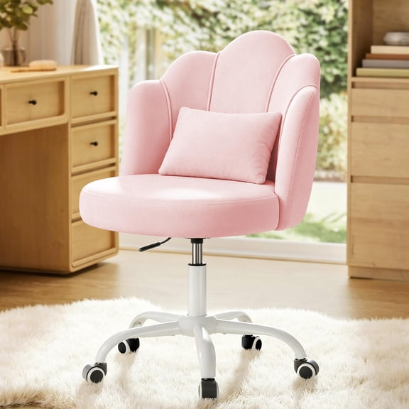 COOLHUT Vanity Chair, Velvet Petal Vanity Makeup Chair with Lumber Support, Home Office Desk Chair with Wheels, Height Adjustable Computer Work Chair for Bedroom, Living Room, Pink