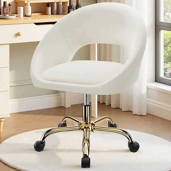 COOLHUT Home Office Desk Chairs, Adjustable Swivel Vanity Chair, Modern Makeup Velvet Vanity Chairs, Rolling Vanity Chair with Golden Base for Bedroom, Living Room, Computer Room, Beige