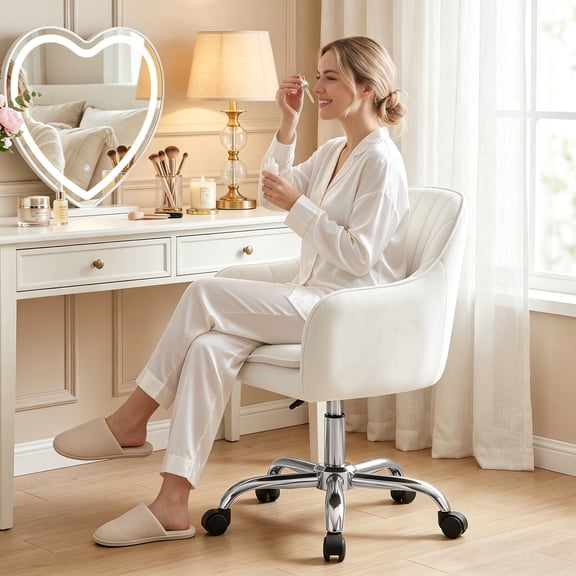 COOLHUT Office Desk Chair with Padded, Velvet Vanity Chair with Back and Wheels, Home Office Chiar with Sliver Legs, Height Adjustable, Rolling Chair for Vanity Room, Makeup Room, Bedroom, Beige