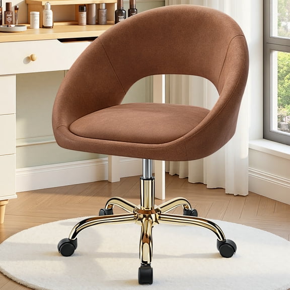 COOLHUT Home Office Desk Chairs, Adjustable Swivel Vanity Chair, Modern Makeup Vanity Chairs, Rolling Vanity Chair with Golden Base for Bedroom, Living Room, Computer Room, Brown