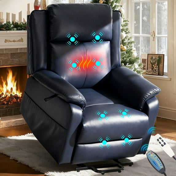 COOLHUT Power Lift Recliner Chair Recliners for Elderly with Heat and Massage, PU Leather Electric Recliners Chair for Living Room, Theater Room, Lift Recliner with Side Pocket, Blue