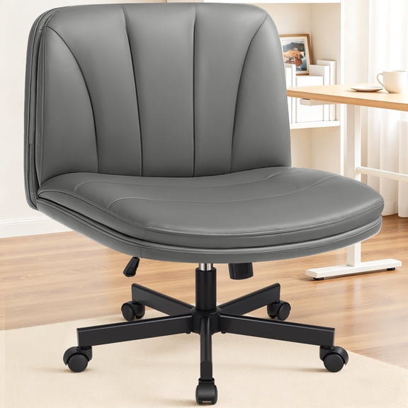 COOLHUT 26" W Criss Cross Chair with Wheels, Cross Legged Office Chair, Armless Adjustable Vanity Desk Chair, Wide Seat and 2-Layer Cushions, PU Leather, Gray