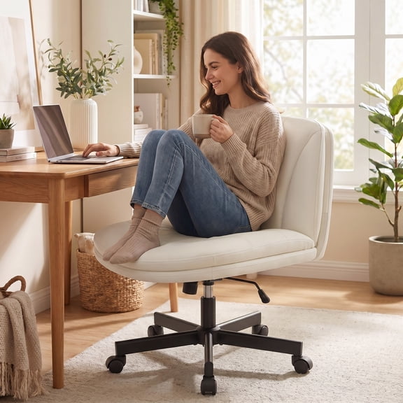 COOLHUT Cross Legged Office Chair with Wheels Armless-Office Desk Chair, Modern Vanity Computer Task Chairs for Home Bedroom, Comfortable Wide Seat for Lower Back Pain Relief, PU Leather, Beige