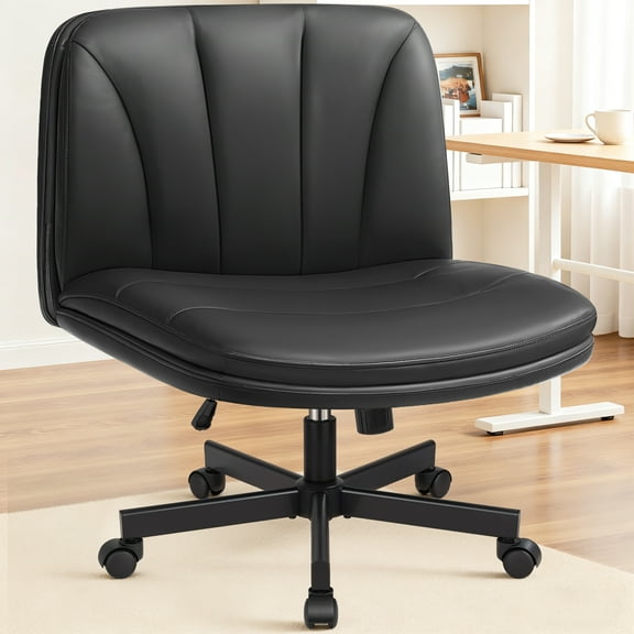 COOLHUT 26" W Criss Cross Chair with Wheels, Cross Legged Office Chair, Armless Adjustable Vanity Desk Chair, Wide Seat and 2-Layer Cushions, PU Leather, Black