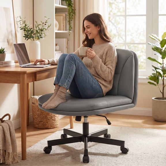 COOLHUT Cross Legged Office Chair with Wheels Armless-Office Desk Chair, Modern Vanity Computer Task Chairs for Home Bedroom, Comfortable Wide Seat for Lower Back Pain Relief, PU Leather, Gray