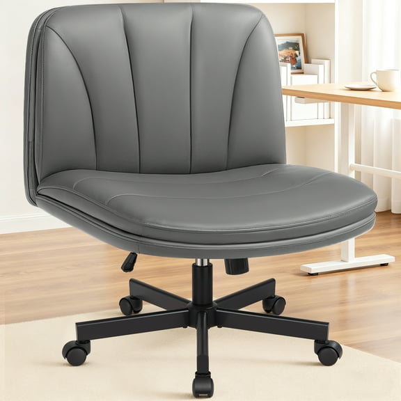 COOLHUT 26" W Criss Cross Chair with Wheels, Cross Legged Office Chair, Armless Adjustable Vanity Desk Chair, Wide Seat and 2-Layer Cushions, PU Leather, Gray