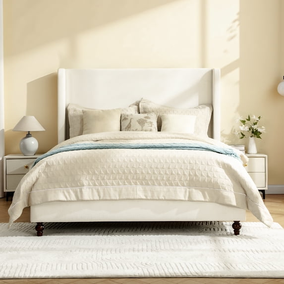 COOLHUT Queen Size Bed Frame, All Wood Slats Support Platform Bed Frame, Upholstered Wingback Headboard, Solid and Stable Bed Frame, No Box Spring Needed/Easy Assembly/White