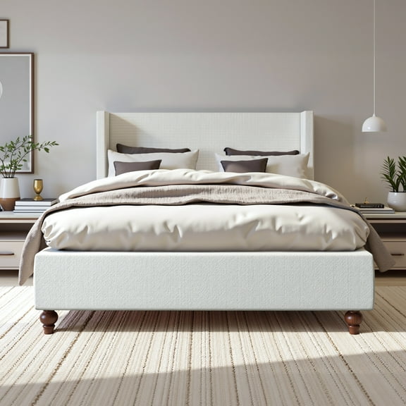 COOLHUT Queen Size Bed Frame, All Wood Slats Support Platform Bed Frame, Upholstered Wingback Headboard, Solid and Stable Bed Frame, No Box Spring Needed/Easy Assembly/White