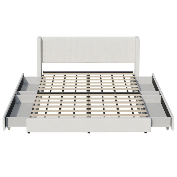 COOLHUT Upholstered Queen Size Platform Bed Frame with 4 Storage Drawers and Headboard, Wing Edge Design/Noise-Free/Wooden Slats Support/No Box Spring Needed/Easy Assembly, White