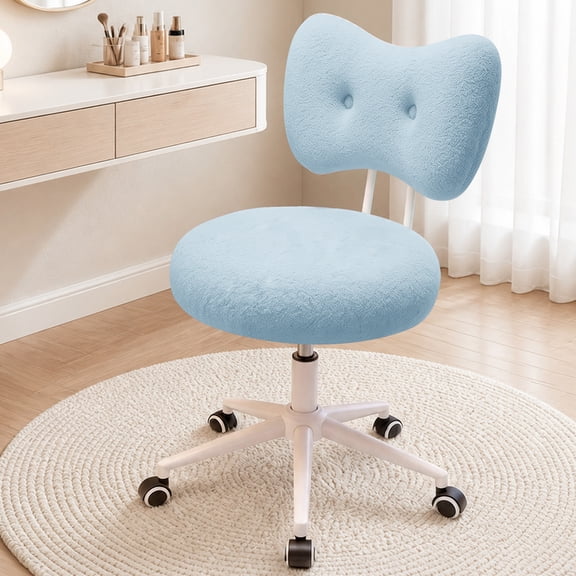 COOLHUT Vanity Chair with Bow Back, Teddy Fabric Makeup Chair, Girls Desk Chair, Vanity Stool Rolling Chair for Kawaii Bedroom, Study Room, Blue