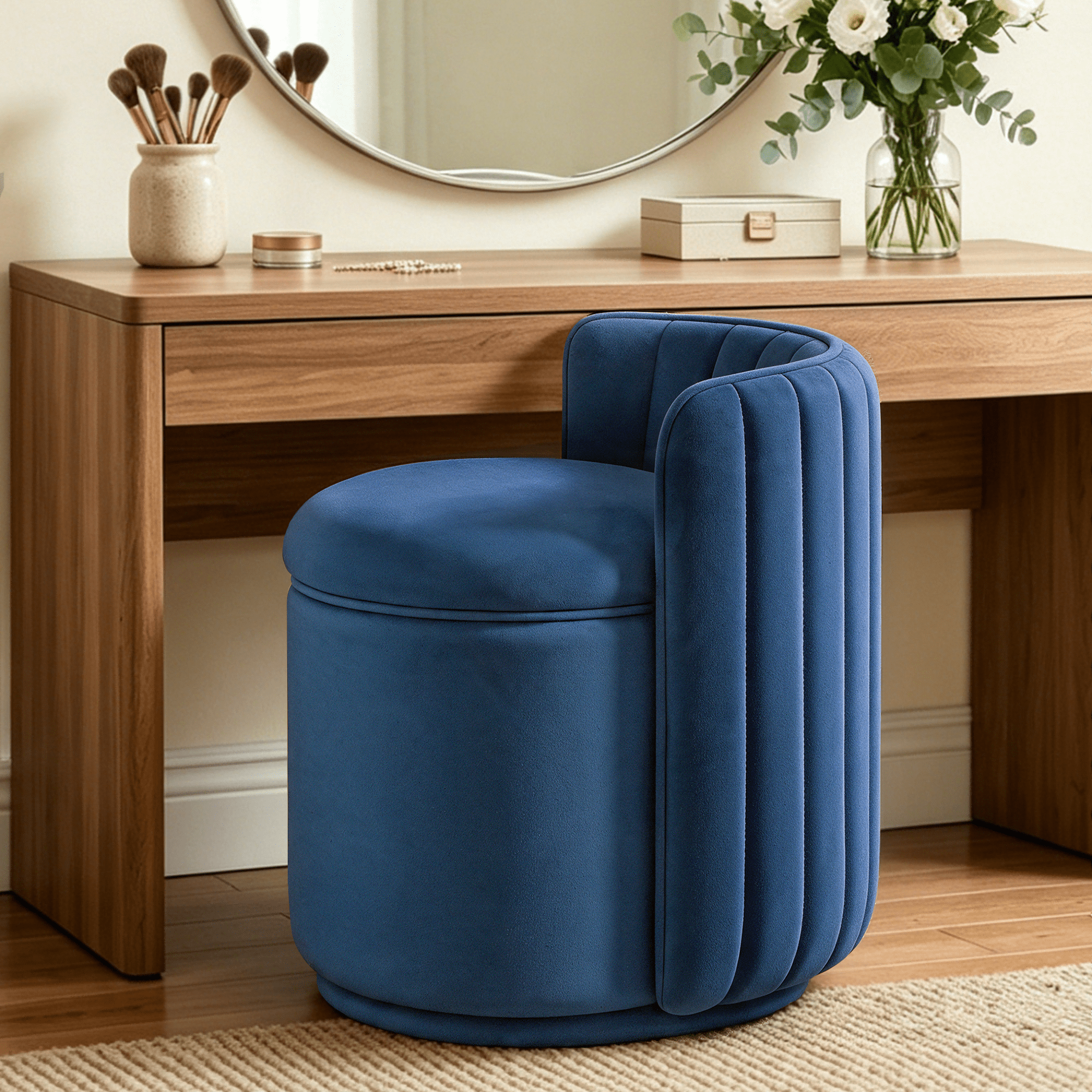 blue velvet dressing table chair COOLHUT Swivel Vanity with Storage, Upholstered Vanity Stool with Back, No Assembly Small Accent Stool, Accent Makeup Chair for Bedroom, Chair covers