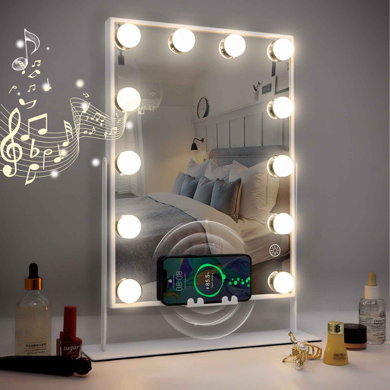 COOLJEEN Bluetooth Hollywood Vanity Makeup Mirror with Lights Wireless Charging Metal Tabletop White - image 1 of 9