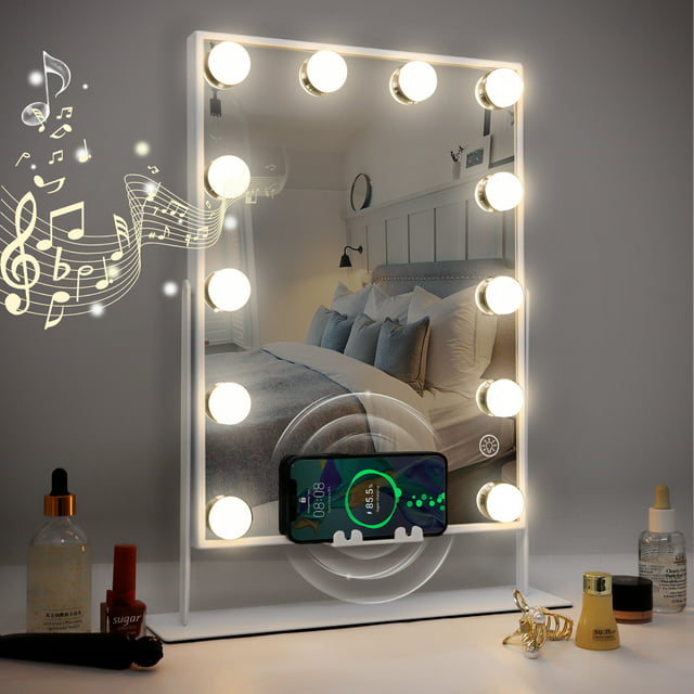 COOLJEEN Bluetooth Hollywood Vanity Makeup Mirror with Lights Wireless Charging Metal Tabletop White