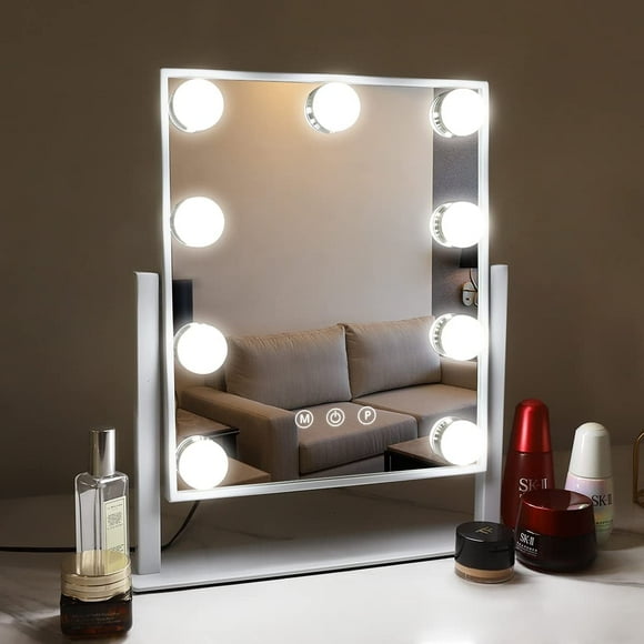 COOLJEEN 12''x14'' Vanity Makeup Mirror with Lights 360 Swivel Tabletop Metal White