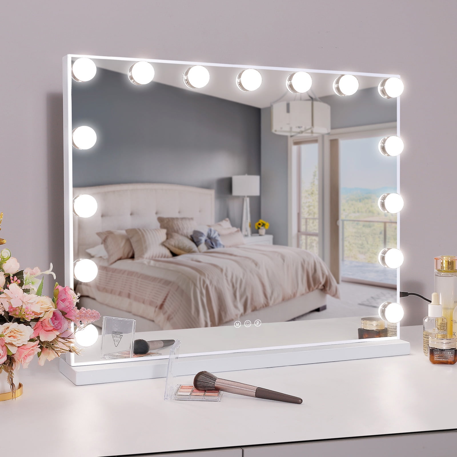 LUXFURNI Large Hollywood Vanity Mirror with 14 LED Lights Tabletop Wall  Mount White 