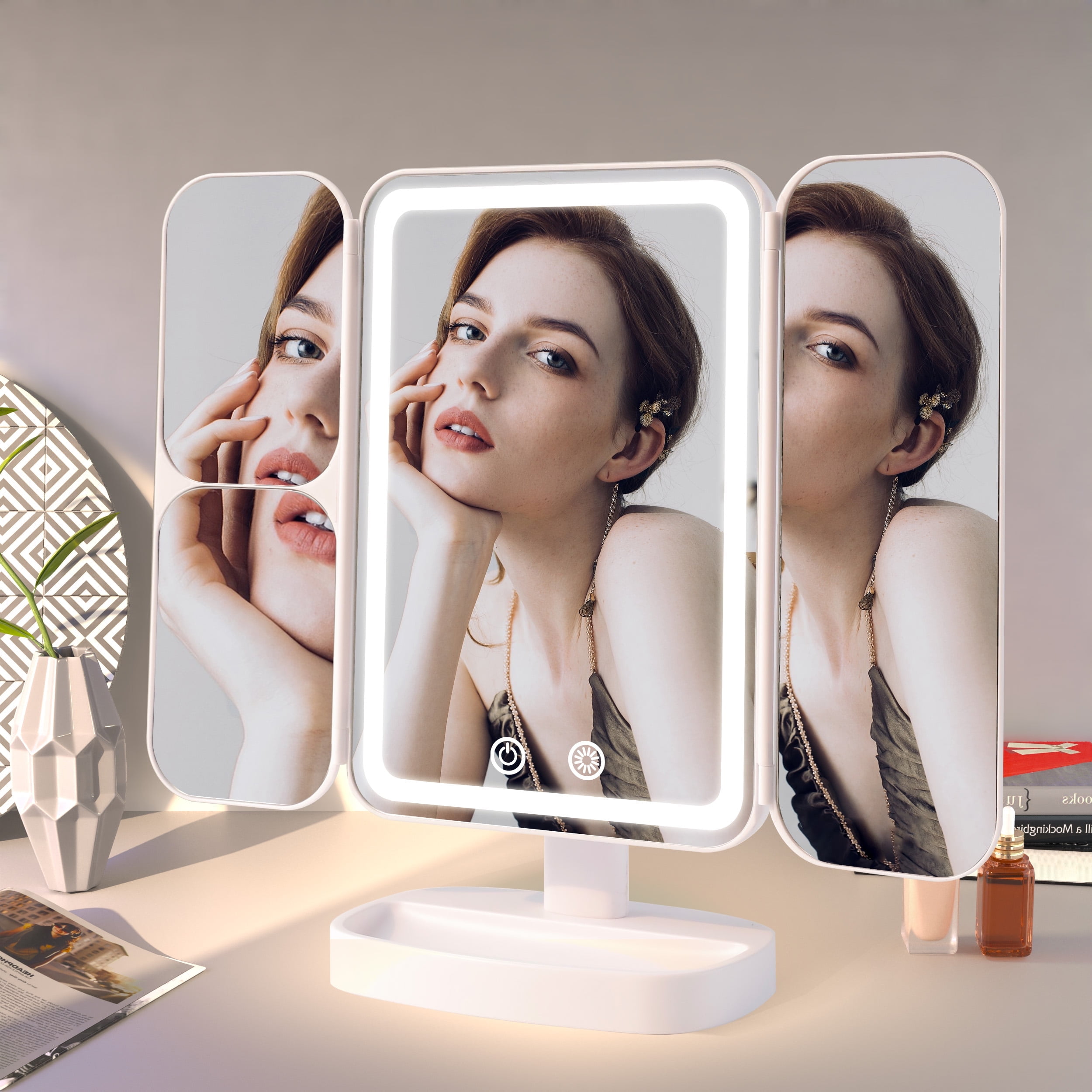COOLJEEN Travel Vanity Makeup Mirror with 80 LED Lights 3x/2x/1x Tri-fold Magnification Cosmetic Mirror White