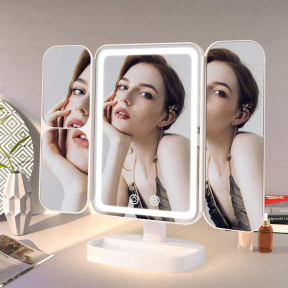 COOLJEEN Travel Vanity Makeup Mirror with 80 LED Lights 3x/2x/1x Tri-fold Magnification Cosmetic Mirror White