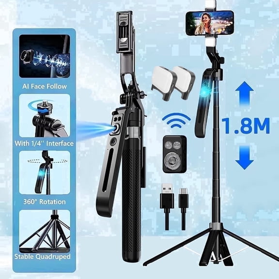 ME Auto Face Tracking Tripod with 2 Fill Lights, One-click Pop-up, No App, Gesture Control, 360 Rotation with Aluminum Stand, 70.9" Extendable Selfie Stick Tripod for iPhone, Android, Camera, GoPro