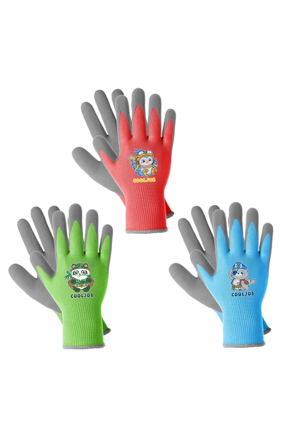 3 Pairs Kids Gardening Gloves for Little kid Age 3-5, Children Toddlers Boys Grippy Rubber Coated Work Gloves, Red & Green & Blue, Small Size S